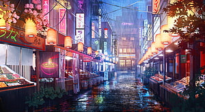 Rainy Night Japanese Market Street with Neon Signs and Lanterns Digital Art HD wallpaper