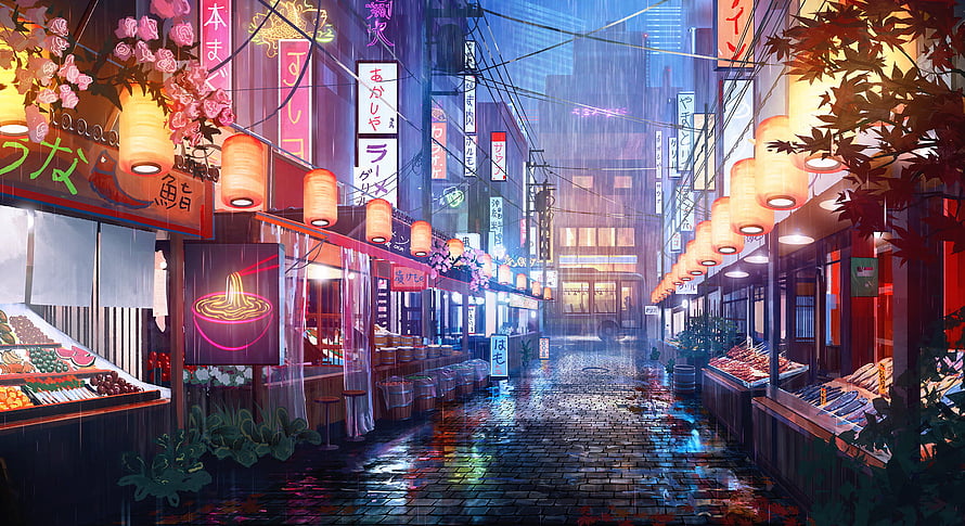 Rainy Night Japanese Market Street with Neon Signs and Lanterns Digital Art HD wallpaper