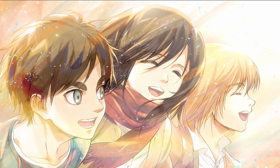 Attack on Titan Eren Mikasa and Armin Sharing a Joyful Moment in Warm Light HD wallpaper