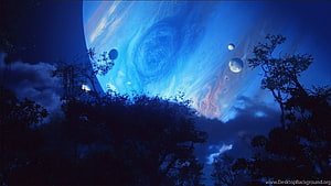 Mystical Blue Alien Planet Sky With Moons Over Silhouetted Forest Trees HD wallpaper