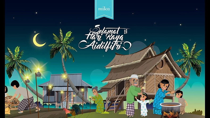 Selamat Hari Raya Aidilfitri Night Village Illustration with Family and Traditional Houses HD wallpaper