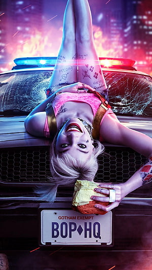 Harley Quinn Upside Down on Police Car Hood with Burger and Tattoos HD phone wallpaper