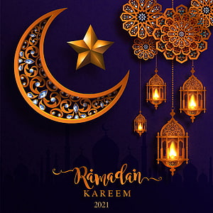 Ramadan Kareem 2021 Greeting Card with Ornate Crescent Moon, Star, and Hanging Lanterns HD phone wallpaper