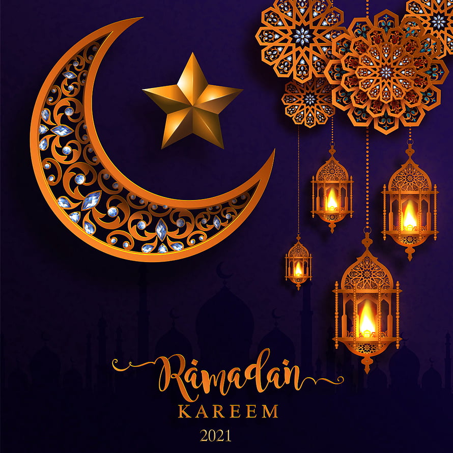 Ramadan Kareem 2021 Greeting Card with Ornate Crescent Moon, Star, and Hanging Lanterns HD phone wallpaper
