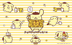 Pompompurin in Tiger Sweater with Friends on Yellow Striped Background HD wallpaper