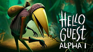 Hello Guest Alpha 1: Creepy Bird-Like Character in Dark Forest Setting HD wallpaper