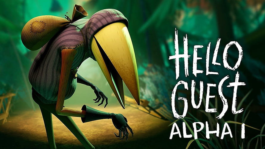 Hello Guest Alpha 1: Creepy Bird-Like Character in Dark Forest Setting HD wallpaper
