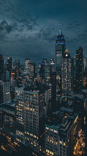 New York City Skyline at Night with Empire State Building Illuminated in Blue HD phone wallpaper