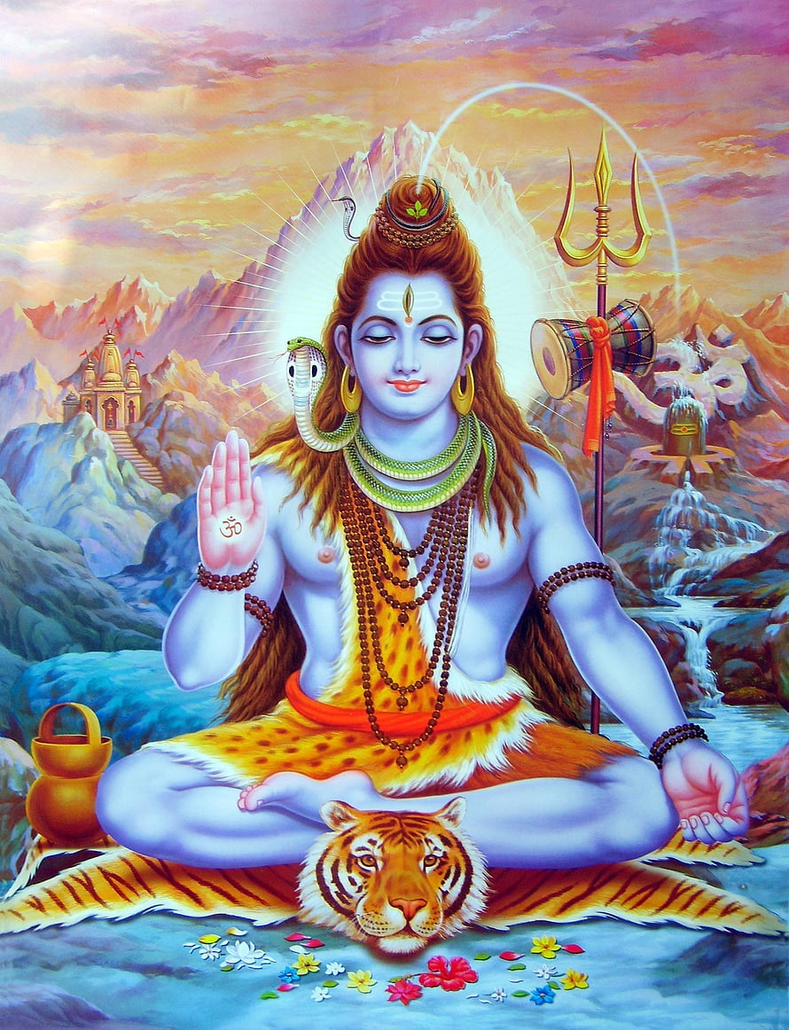 Lord Shiva Meditating on Tiger Skin with Trishul and Snake in Himalayan Landscape HD phone wallpaper