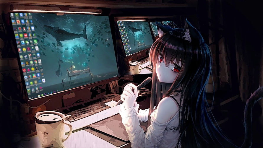 Anime Girl with Cat Ears at Multi-Monitor Gaming Setup with Coffee HD wallpaper