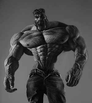 Hyper-realistic black and white illustration of a massive muscular man with a beard wearing jeans, GigaChad, giga chad HD phone wallpaper
