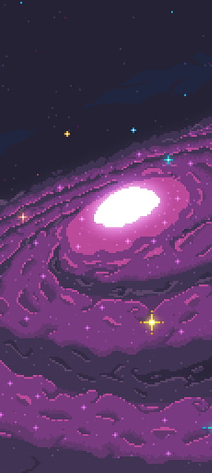Pixel Art Spiral Galaxy with Bright Core and Purple Nebula Clouds in Deep Space HD phone wallpaper