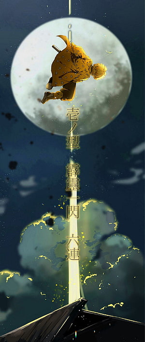 Agatsuma Zenitsu Leaping Through the Night Sky in Demon Slayer Anime Art HD phone wallpaper