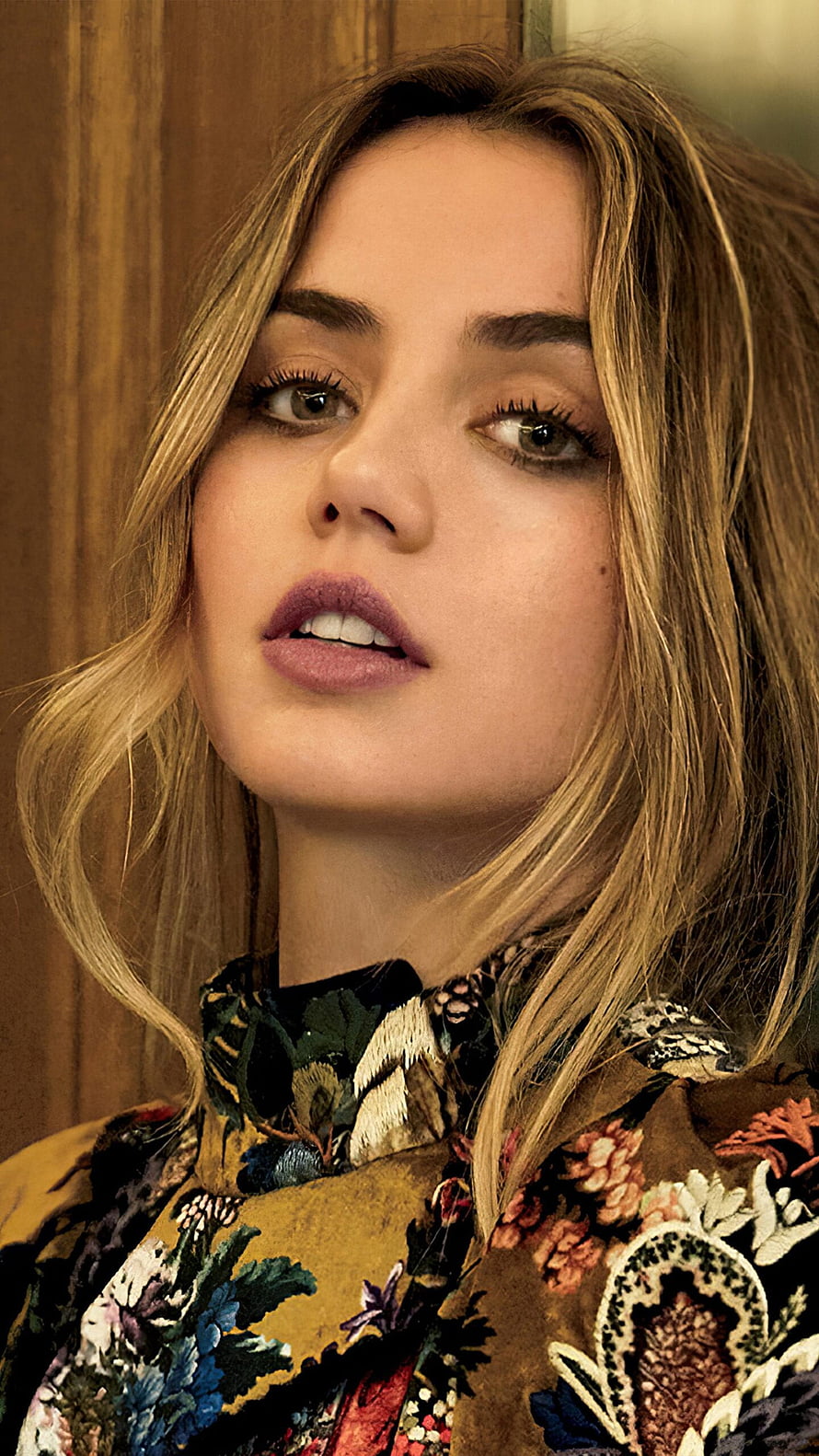 Ana De Armas Close-Up Portrait in Floral Embroidered Jacket HD phone wallpaper