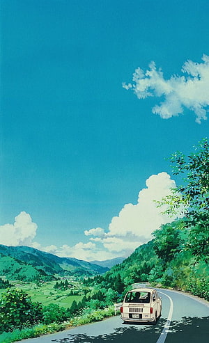 Anime Style Countryside Road Trip with White Van Under Blue Sky HD phone wallpaper