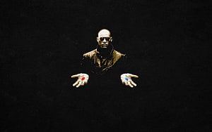 Morpheus holding the red and blue pills in a dark cinematic scene from The Matrix HD wallpaper