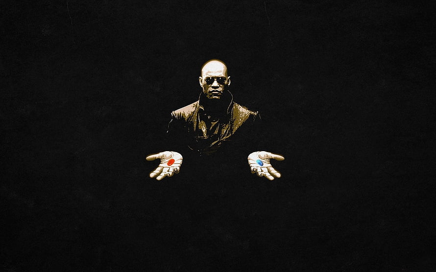 Morpheus holding the red and blue pills in a dark cinematic scene from The Matrix HD wallpaper