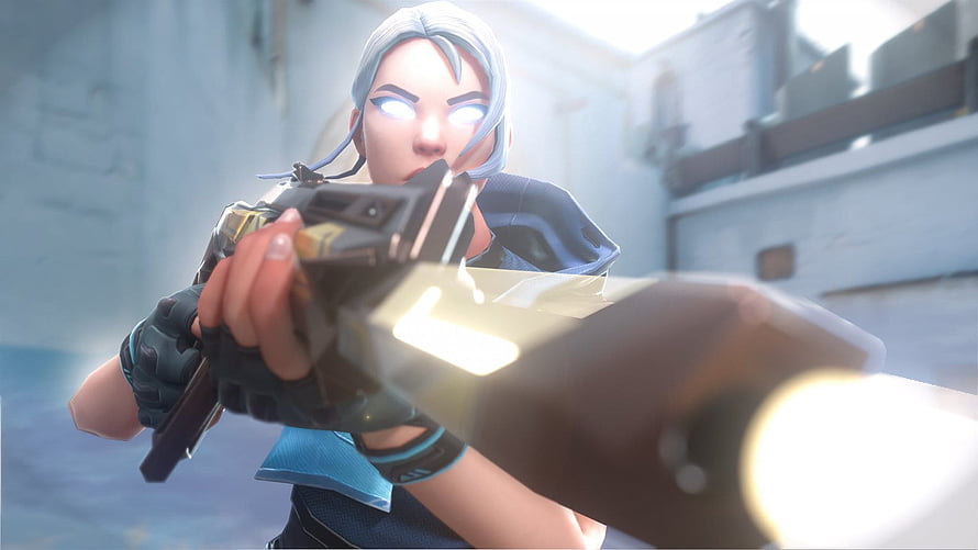 Valorant Agent Jett aiming pistol with glowing eyes in urban setting HD wallpaper