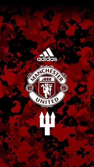 Manchester United Club Crest on Dark Red Grunge Background with Adidas Logo and Trident Symbol HD phone wallpaper