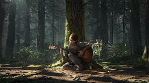 Ellie Playing Acoustic Guitar in a Misty Forest from The Last of Us Part II HD wallpaper