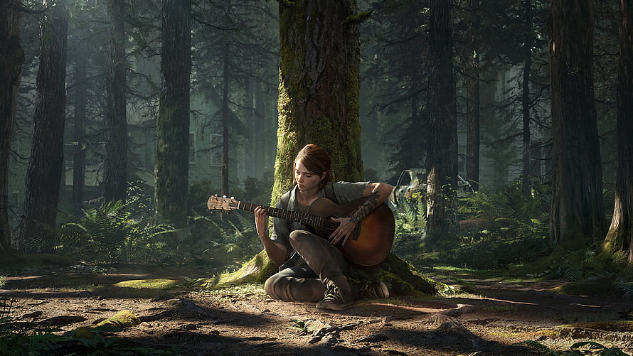 Ellie Playing Acoustic Guitar in a Misty Forest from The Last of Us Part II HD wallpaper