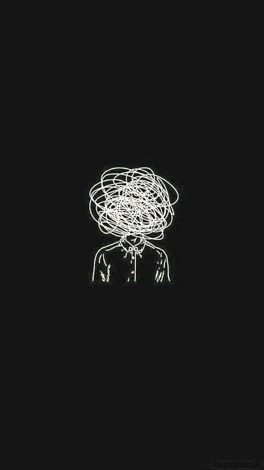 Minimalist Line Art of Person with Tangled Messy Headlines on Black Background HD phone wallpaper