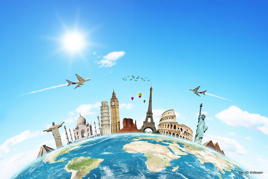 World Travel Concept With Famous Landmarks On Globe And Airplanes HD wallpaper