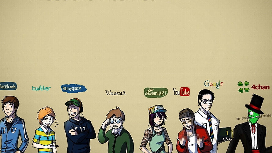 Internet Culture Personified: Facebook, Twitter, 4chan, and More Social Media Mascots HD wallpaper