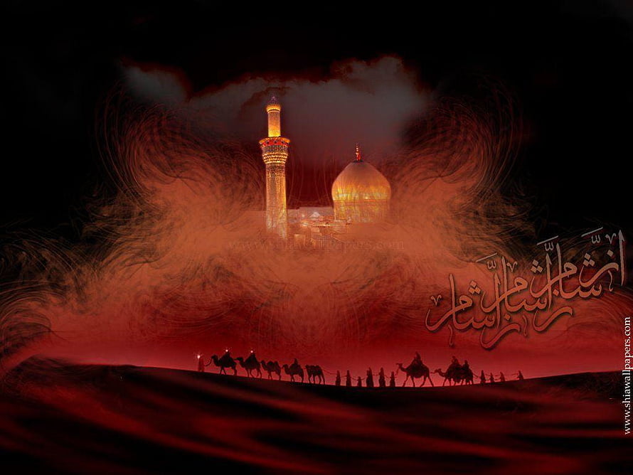 Karbala Shrine at Night with Desert Caravan Silhouettes and Arabic Calligraphy HD wallpaper