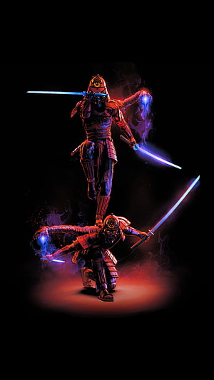 Cyberpunk Samurai Warrior Wielding Glowing Plasma Swords in Dark Neon Setting HD phone wallpaper