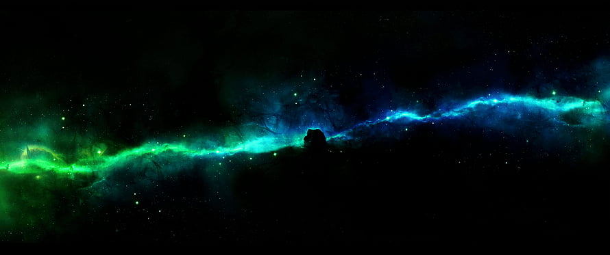 Vibrant Green and Blue Nebula Clouds Spanning a Dark Starry Sky HD wallpaper