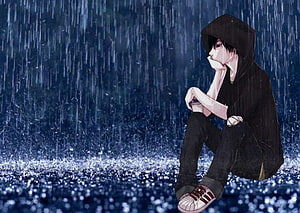 Melancholic Anime Boy Sitting Alone in Heavy Rainstorm HD wallpaper
