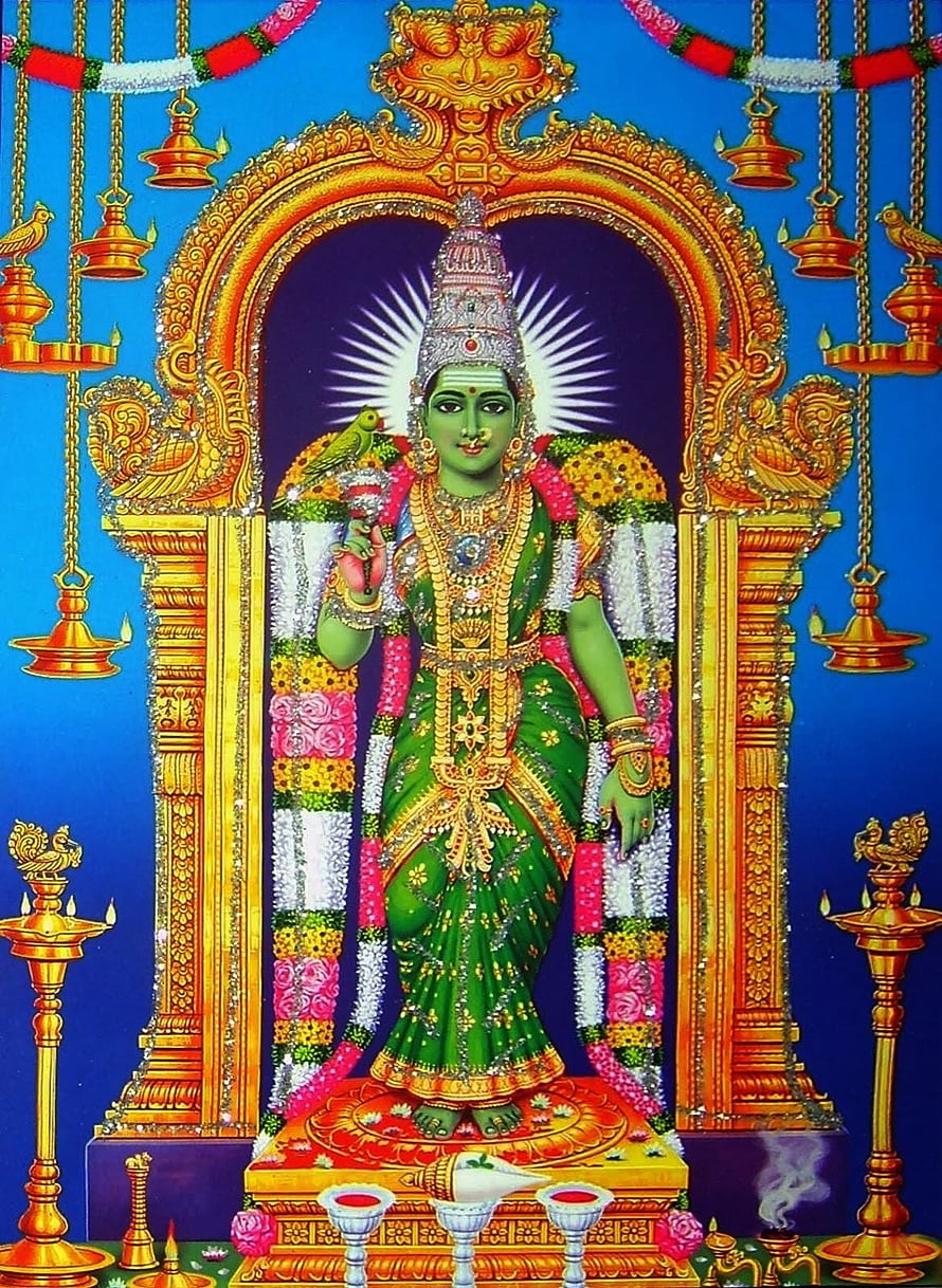 Goddess Meenakshi Amman in Green Saree with Ornate Temple Arch and Oil Lamps, Goddess Madurai Meenakshi Amman &, #amman HD phone wallpaper