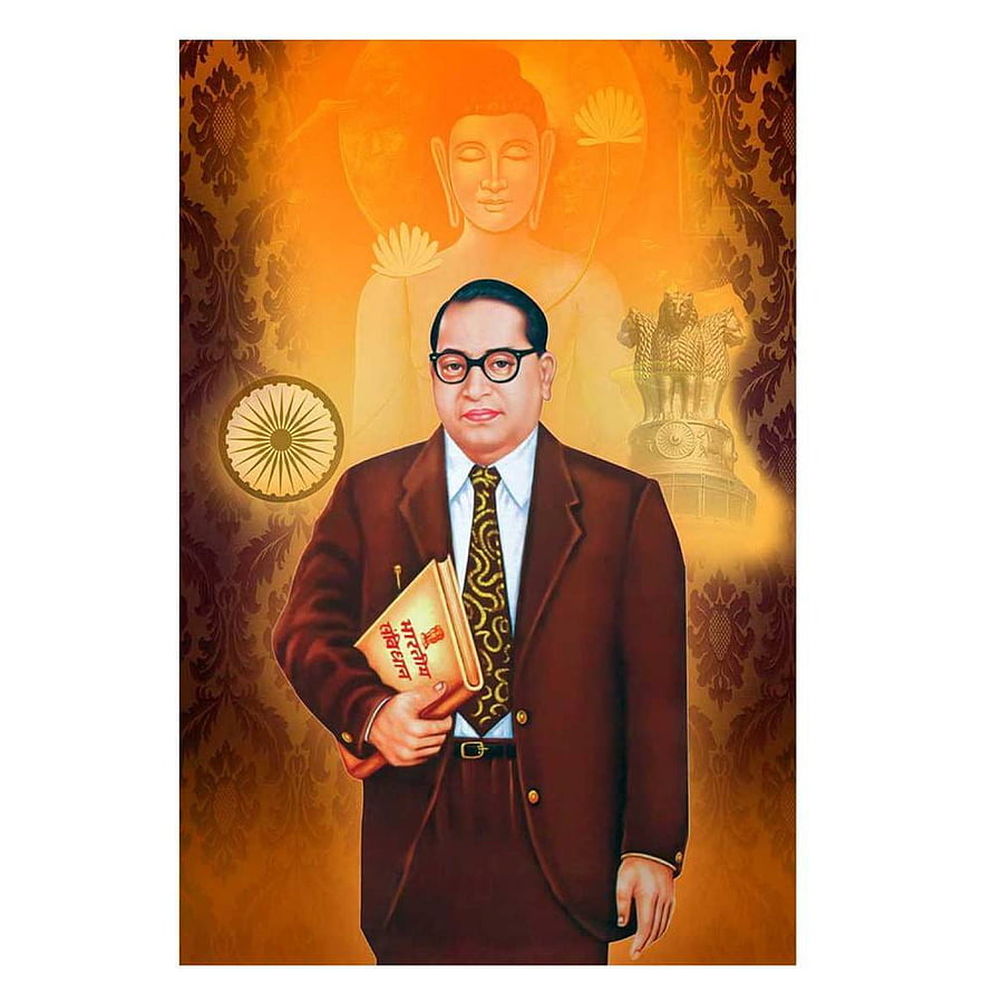 Portrait of B.R. Ambedkar Holding Constitution of India with Buddha and Ashoka Chakra Background HD phone wallpaper