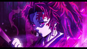 Kibutsuji Muzan from Demon Slayer in purple and pink lighting with glowing eyes and hanafuda earrings HD wallpaper