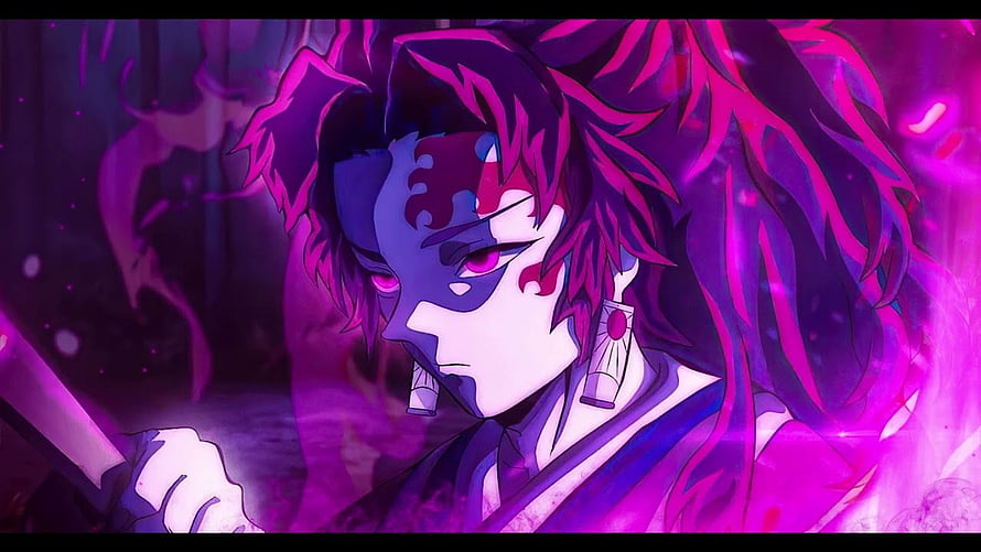 Kibutsuji Muzan from Demon Slayer in purple and pink lighting with glowing eyes and hanafuda earrings HD wallpaper