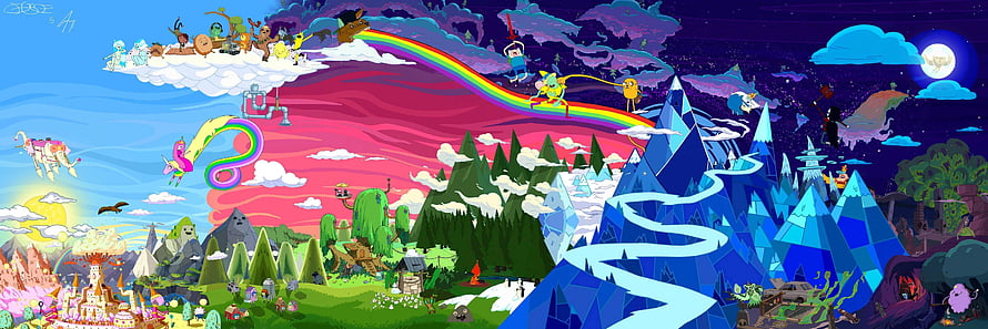 Adventure Time Cartoon Panorama Featuring Rainbow, Mountains, and Fantasy Characters HD wallpaper