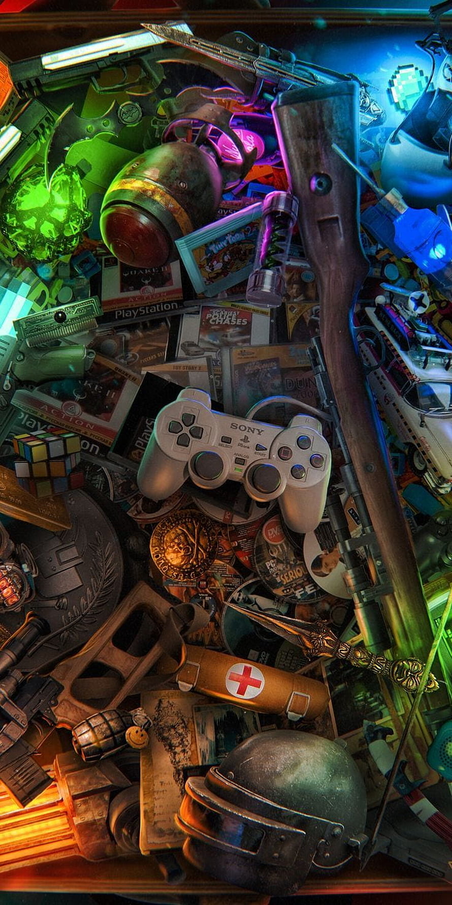 Nostalgic Gaming and War Memorabilia Collection with Sony PlayStation Controller HD phone wallpaper