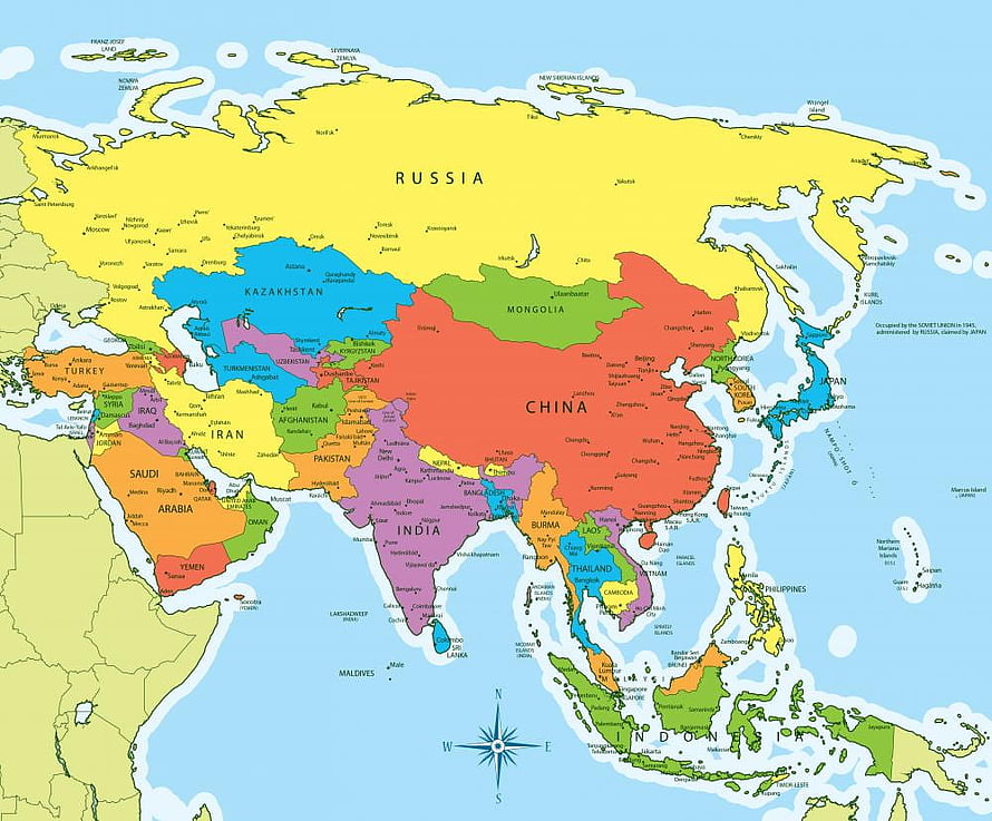 Colorful Political Map of Asia Showing Countries, Capitals, and Borders for Education HD wallpaper