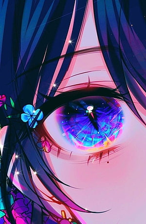 Vibrant Anime Eye Close-Up With Galaxy Iris And Blue Flower HD phone wallpaper