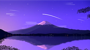 Mount Fuji Night Sky Vector Art with Shooting Stars and Lake Reflection HD wallpaper
