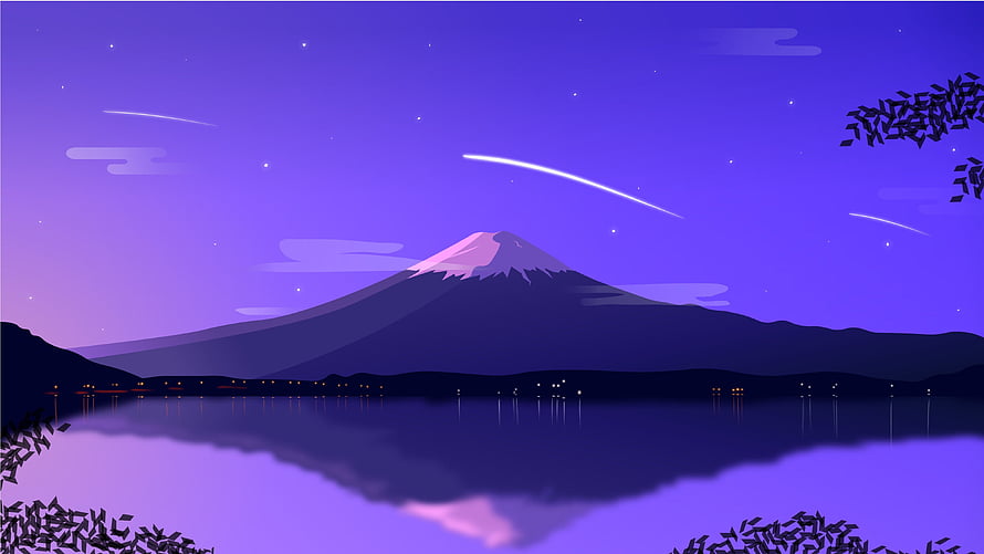 Mount Fuji Night Sky Vector Art with Shooting Stars and Lake Reflection HD wallpaper