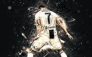 Cristiano Ronaldo in Juventus Number 7 White Jersey with Dynamic Smoke Effects HD wallpaper