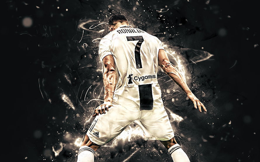Cristiano Ronaldo in Juventus Number 7 White Jersey with Dynamic Smoke Effects HD wallpaper