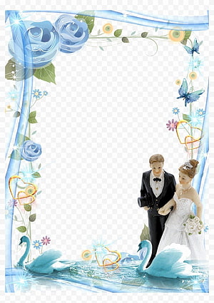 Elegant Blue Floral Wedding Invitation Frame with Couple and Swans HD phone wallpaper