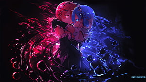 Ram and Rem from Re Zero in a dramatic red and blue neon embrace with swirling liquid effects HD wallpaper