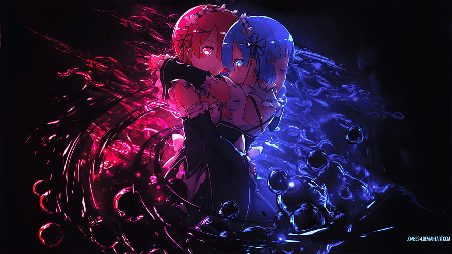 Ram and Rem from Re Zero in a dramatic red and blue neon embrace with swirling liquid effects HD wallpaper
