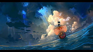 One Piece Going Merry Ship Sailing Through Dramatic Stormy Ocean Waves HD wallpaper