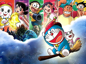 Doraemon and Friends Flying on a Broomstick with Dora the Cat and Doraemon Movie Characters HD wallpaper