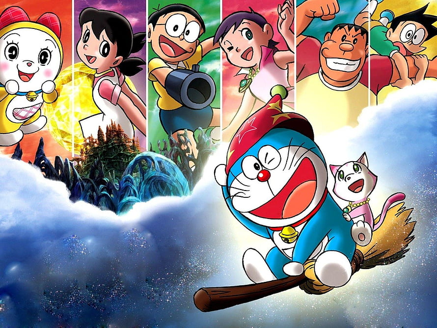 Doraemon and Friends Flying on a Broomstick with Dora the Cat and Doraemon Movie Characters HD wallpaper